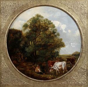 Wooded Landscape With Cattle Watering And Young Boy Seated On The River Bank
