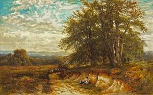 An Extensive Landscape With A Haywagon And Figures On The Road With Another Figure Resting In The Foreground by Edmund George Warren