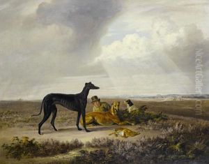 An Extensive Landscape With Greyhounds And A Young Sportsman by Edmund Bristow