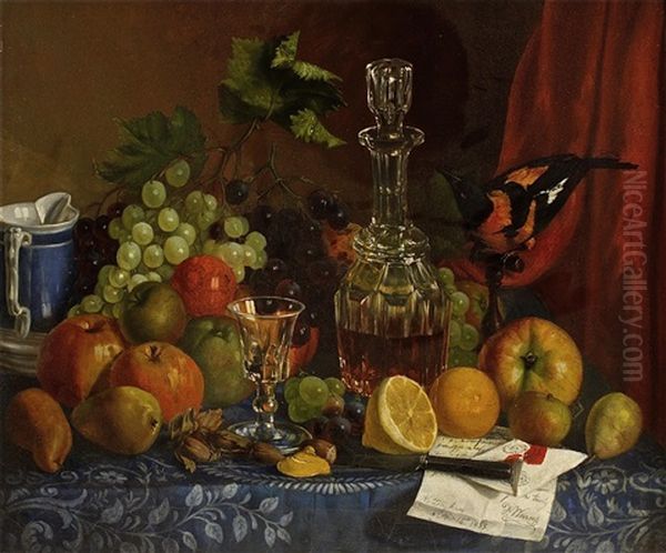 Grapes, Apples, Lemons, A Decanter And A Bird On A Table - view 1