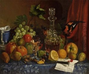Grapes, Apples, Lemons, A Decanter And A Bird On A Table