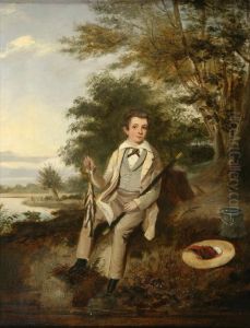 The Young Fisherman, - Young Boy Seated With His Catch On A Riverbank by Edmond Bristowe