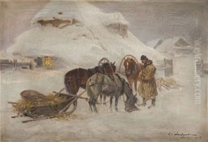 Coachmen Feeding Horses by Czeslaw Wasilewski