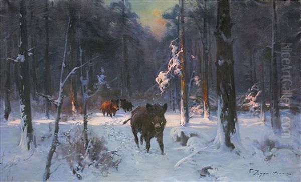 Boars In Winter Forest - view 1