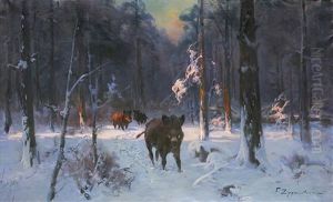 Boars In Winter Forest by Jan (Czeslaw) Wasilewski
