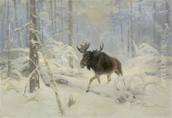 Elk In Winter Forest - view 1