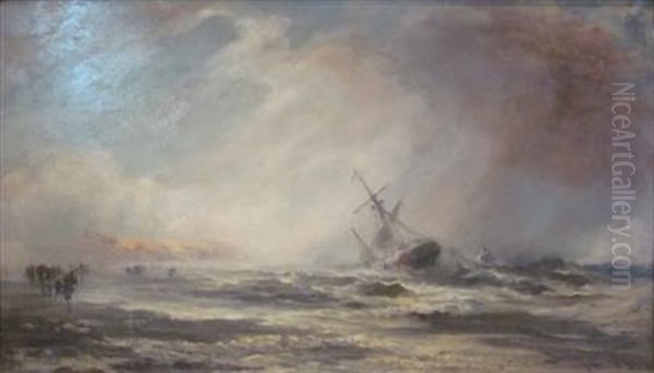 Coastal Scene At Low Tide, With Boat Being Swept Ashore - view 1
