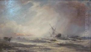 Coastal Scene At Low Tide, With Boat Being Swept Ashore