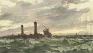 A Pair Of Lighthouses On A Headland With A Topsail Schooner Coming Around