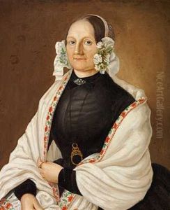 Portraet Af Mand Med Sort Jakke Og Hvid Vest (+ Portraet Af Dame I Sort Kjole, Hvidt Sjal Med Blomsterborter Samt Kysehat Med Blomster; Pair)