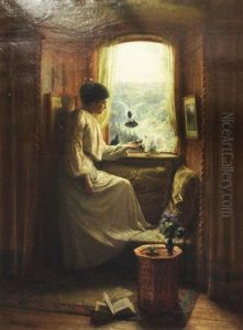 Interior With Lady Feeding Doves On A Window Sill