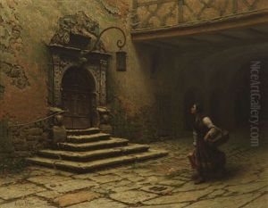 Woman With Jug And Basket Passing The Portal Rathaus, Rothenburg, Germany
