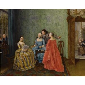 An Elegant Company In A Rich Interior, An Amorous Couple In The Background, A Man Looking Through The Window by Elisabeth Geertruida Wassenbergh
