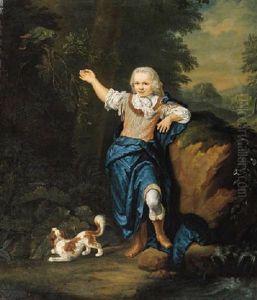 Portrait Of Albert Hendrik Van Swinderen Standing In A Landscape, Wearing A Costume, Pointing With His Right Arm Towards A Parrot Perched On A Branch Above