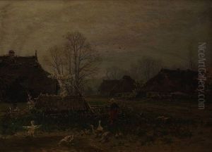 Fruhling Auf Dem Bauernhof, Junge Frau Mit Entenschar Am Teich by Hermann Wassmuth