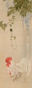 Rooster And Hen In Wisteria (+ Swallow In Peony; Pair) by Shotei Watanabe