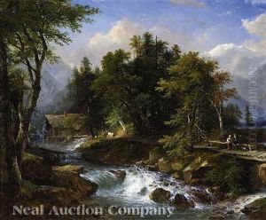 Figures On A Path Beside A Rushing Mountain Stream