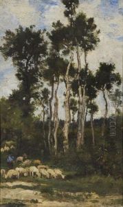 Moutons En Foret by Louis Francois Victor Watelin