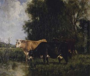 Cattle Watering By A Pond by Louis Francois Victor Watelin