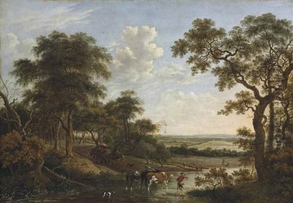 A Wooded Landscape With A Herdsman Watering Cattle And Travellers On A Track Beyond - view 1