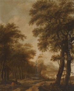 Figures In A Wooded River Landscape; Figures By Buildings In A Classical Landscape (pair) by Anthonie Waterloo
