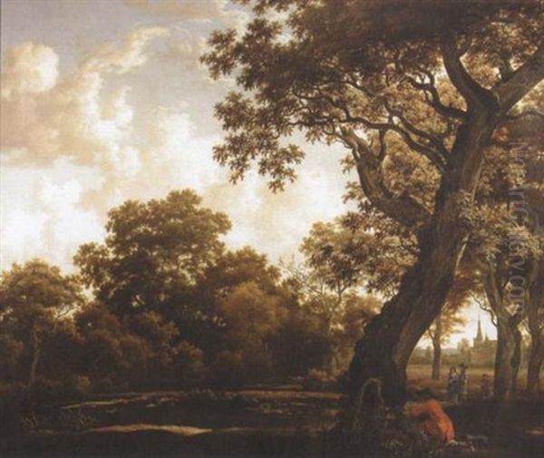 A Wooded Landscape With A Sportsman Shooting Duck On A Lake On The Edge Of A Wood, Three Other Figures Beyond; A Chateau In The Background - view 1
