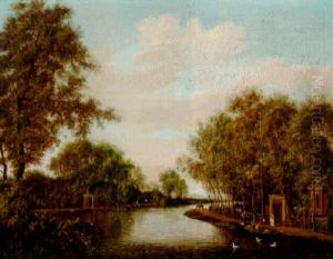 A Wooded River Landscape With Elegant Figures By A Gateway And A Man Unloading A Boat