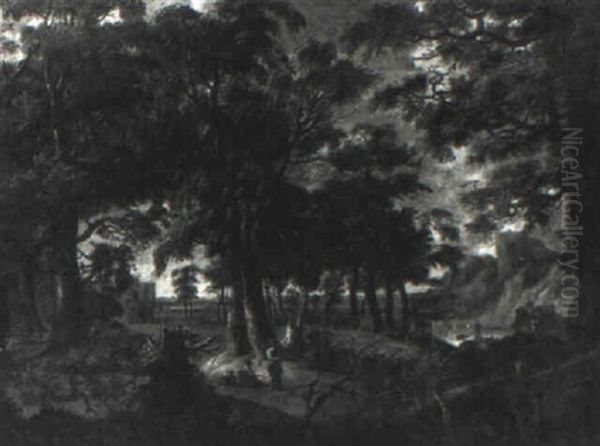 Wooded Landscape With Huntsmen - view 1