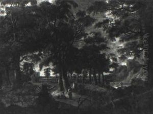 Wooded Landscape With Huntsmen by Anthonie Waterloo