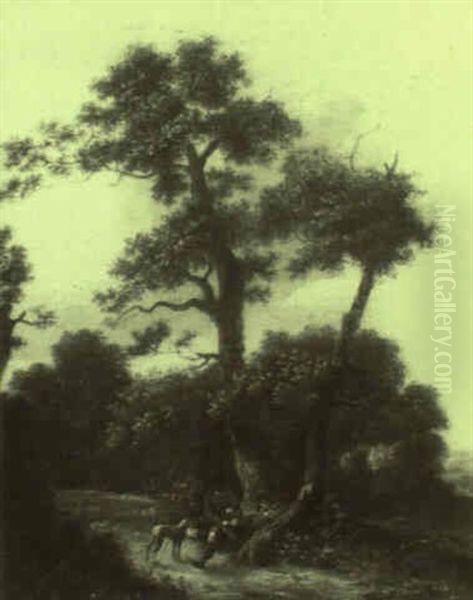 Hunter And His Dog At Rest Under A Tree - view 1
