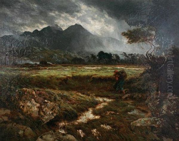 Young Girl Carrying A Wicker Basket In A Windy Mountainous Landscape - view 1
