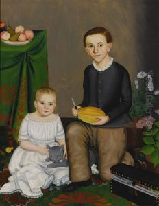 Two Children In An Interior Setting, One Child Holding A Grey Cat, The Other Holding A Piece Of Melon by Susan C. Waters