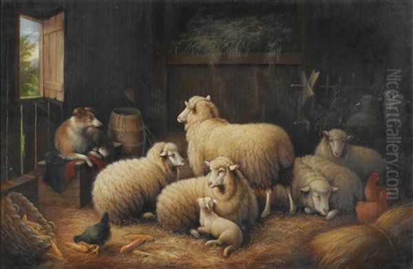 Sheep And Dog In A Barn - view 1