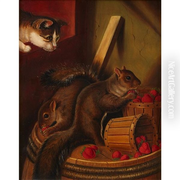 Two Squirrels Eating Strawberries Watched By A Cat - view 1
