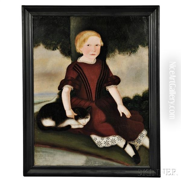 Portrait Of A Blond Child In A Dark Red Dress With A Cat - view 1