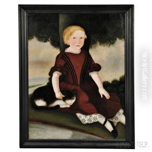 Portrait Of A Blond Child In A Dark Red Dress With A Cat