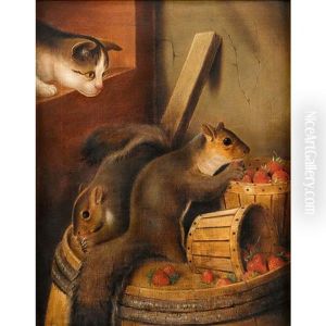 Squirrels Eating Strawberries Watched By A Cat Squirrels Eating Strawberries Watched By A Cat