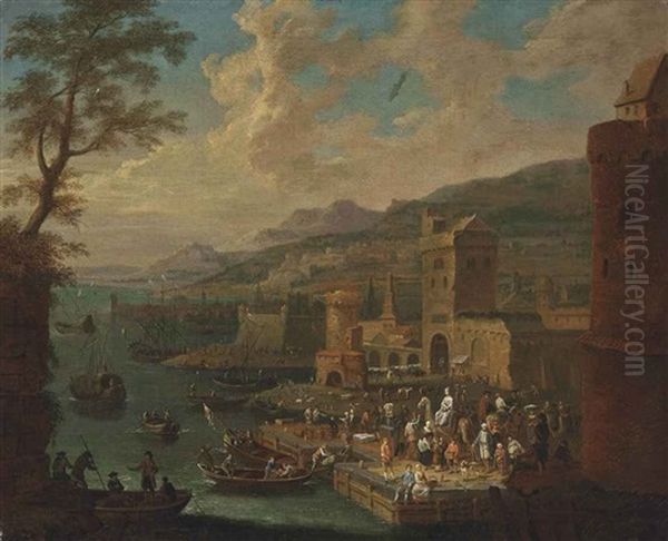 A Coastal Landscape With Elegant Company And Fishermen Unloading Their Cargo - view 1