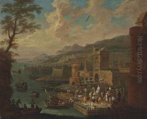 A Coastal Landscape With Elegant Company And Fishermen Unloading Their Cargo