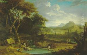 Sudliche Bewaldete Landschaft Mit Figuren Und Einem Wasserfall by Heinrich Van Waterschoot