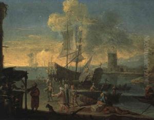 Seehafen Mit Ankernden Schiffen by Heinrich Van Waterschoot