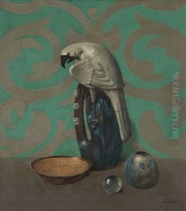 Still Life With Bird, Vase And Bowl Against A Green Background