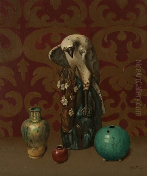 Still Life With Bird And Vases Against A Red Background - view 1