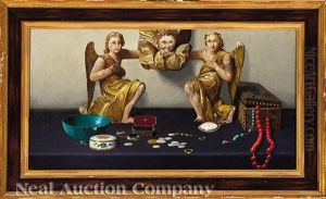 Still Life With Architectural Angels, Putto, Coins And Prayer Beads by Harry Willson Watrous
