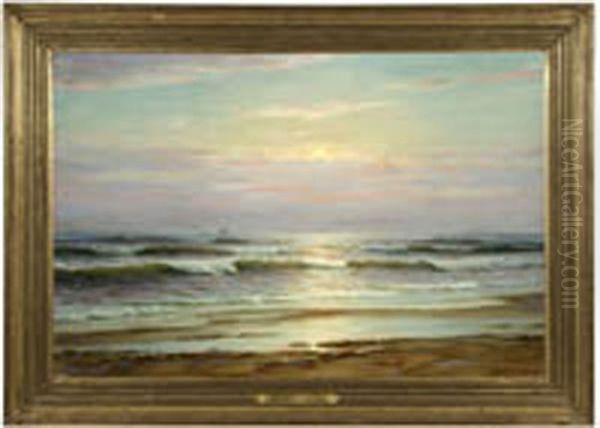 Off The Virginia Coast, Coastal View At Sunset With A Distant Clipper Ship - view 1