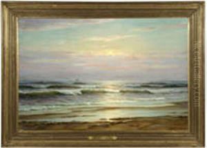 Off The Virginia Coast, Coastal View At Sunset With A Distant Clipper Ship by Charles A. Watson