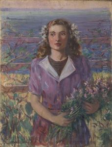 Young Woman Holding A Bunch Of Flowers At The Shore