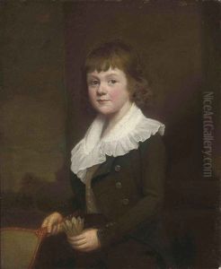 Portrait Of A Young Boy (george Edward Russell (1786-1863)?) In A Green Jacket And White Shirt, Before A Column, Holding A Battledore...