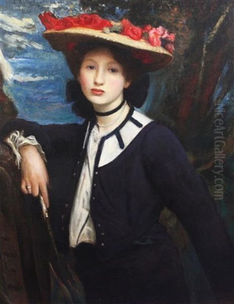 Portrait Of A Lady Holding A Parasol, With Roses In Her Hat - view 1