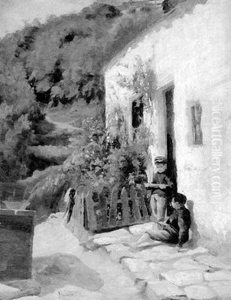 Two Boys Outside A Mediteranean House - view 1